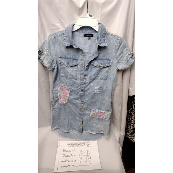 Girls Size 10/12 Denim Dress Hi-Low Blue Sequin Pockets - Picture 1 of 7
